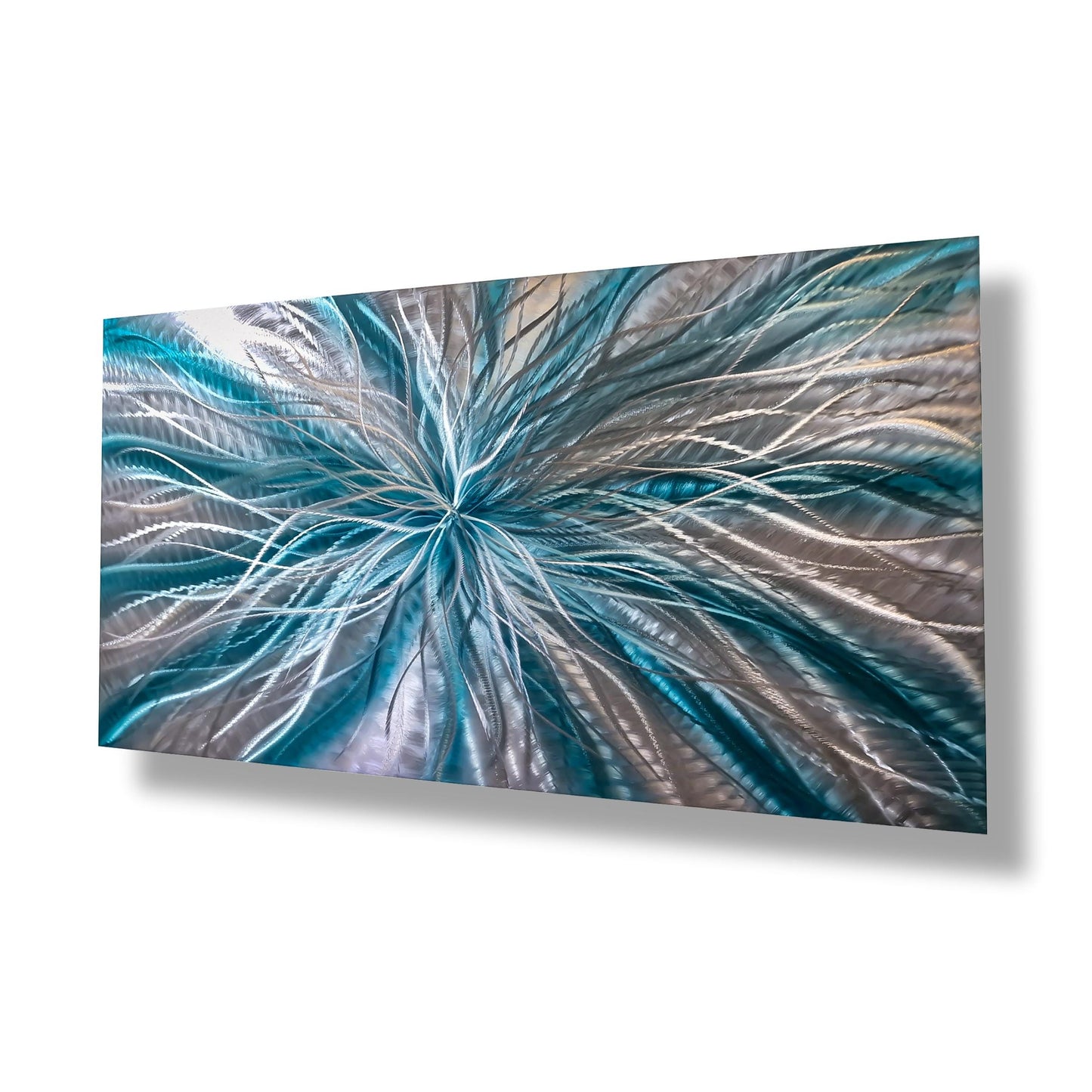 Teal and Silver Abstract Metal Wall Art Sculpture Titled Radiation