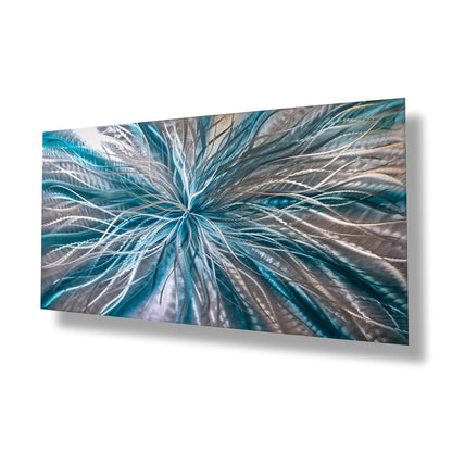 Teal and Silver Abstract Metal Wall Art Sculpture Titled Radiation