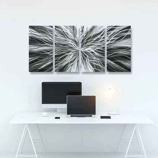 Large Abstract Black and Silver Metal Wall Art Set of 4 for Modern Gallery Decor - Modern Elements Metal Art - INV57990S