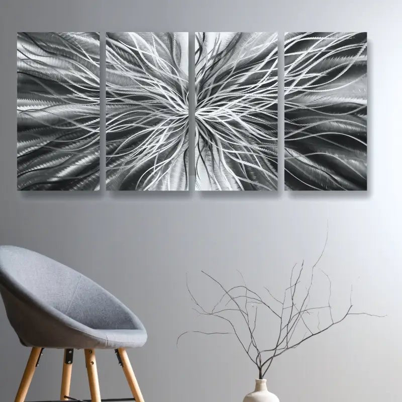 Large Abstract Black and Silver Metal Wall Art Set of 4 for Modern Gallery Decor - Modern Elements Metal Art - INV57990S