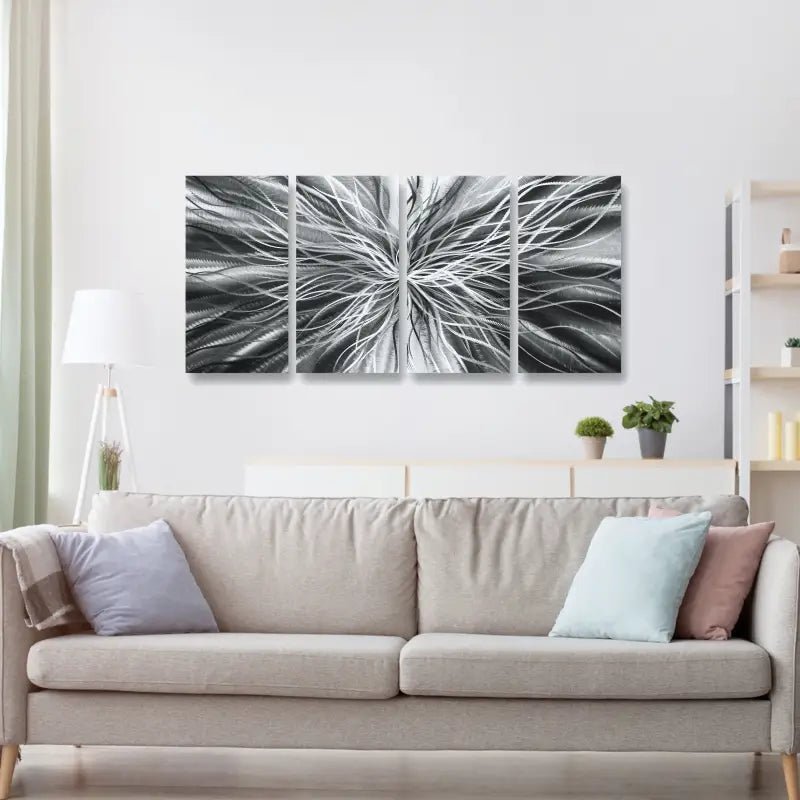 Large Abstract Black and Silver Metal Wall Art Set of 4 for Modern Gallery Decor - Modern Elements Metal Art - INV57990S
