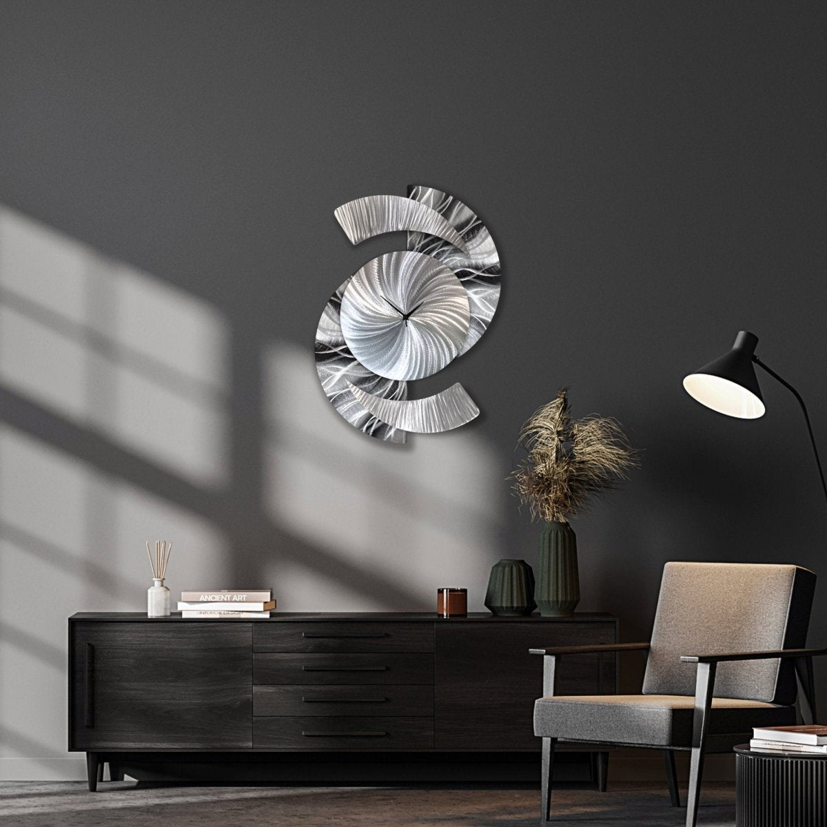 Large Black Metal Wall Clock – Unique Modern Clock & Silver Art Sculpture - Modern Elements Metal Art - ME96288928X