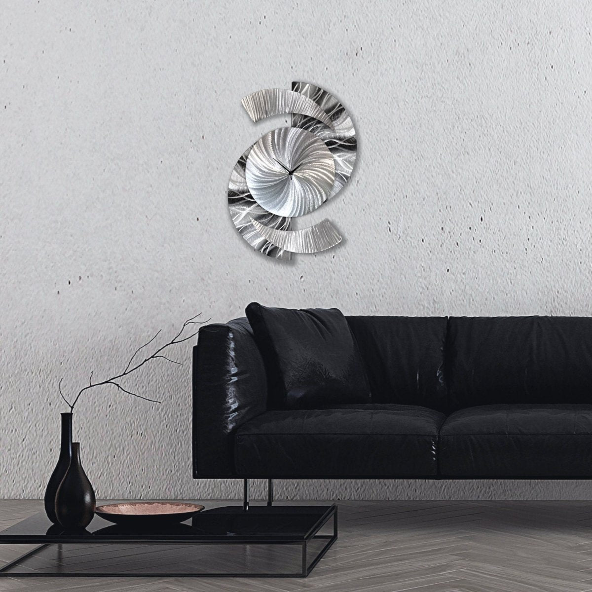 Large Black Metal Wall Clock – Unique Modern Clock & Silver Art Sculpture - Modern Elements Metal Art - ME96288928X
