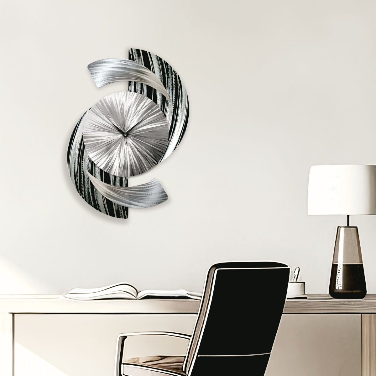 Large Black & Silver Metal Wall Clock – Unique Abstract Sculpture for Modern Home Decor - Modern Elements Metal Art - ME96279998