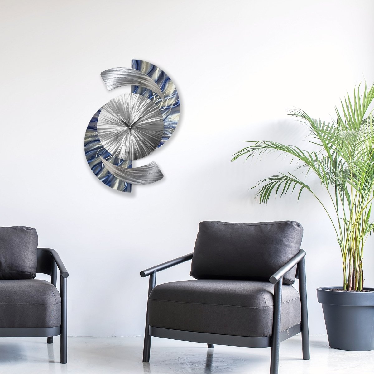 Large Black & Silver Metal Wall Clock – Unique Abstract Sculpture for Modern Home Decor - Modern Elements Metal Art - ME96279998
