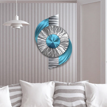 Large Geometric Metal Wall Sculpture - Modern Silver Turquoise Abstract Art - Modern Elements Metal Art - INV363602