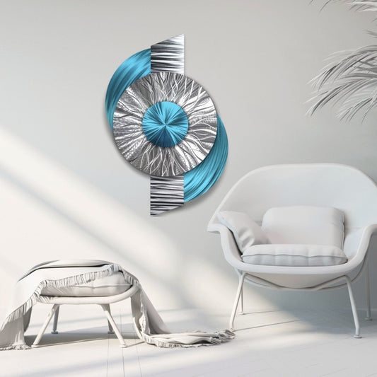 Large Geometric Metal Wall Sculpture - Modern Silver Turquoise Abstract Art - Modern Elements Metal Art - INV363602
