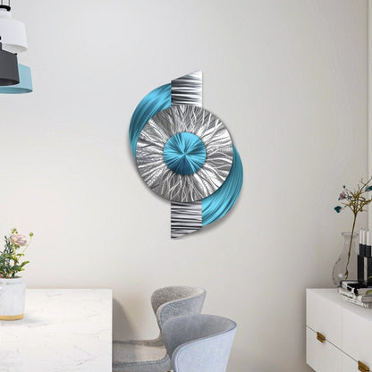 Large Geometric Metal Wall Sculpture - Modern Silver Turquoise Abstract Art - Modern Elements Metal Art - INV363602
