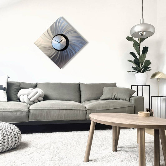Large Metal Wall Clock – Modern Silver Abstract Art & Home Decor - Modern Elements Metal Art - INV16Q6W