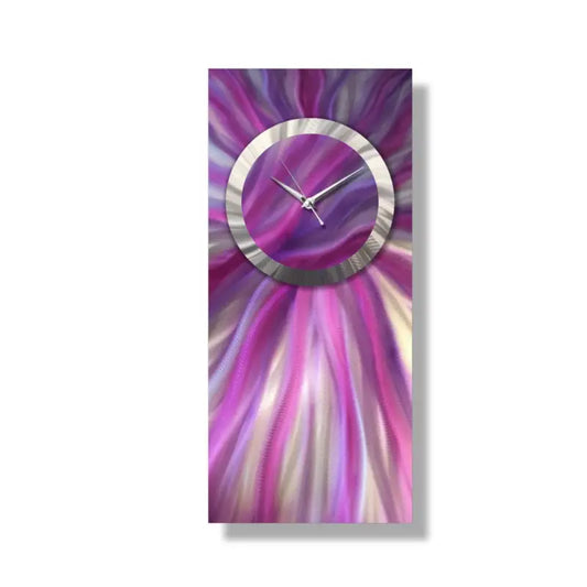 Large Metal Wall Clock Purple Magenta Silver Abstract Modern Elements Art