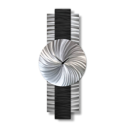 Large Modern Black & Silver Metal Wall Clock - Silent - Handmade - 12x32" - Modern Elements Metal Art - INV637283