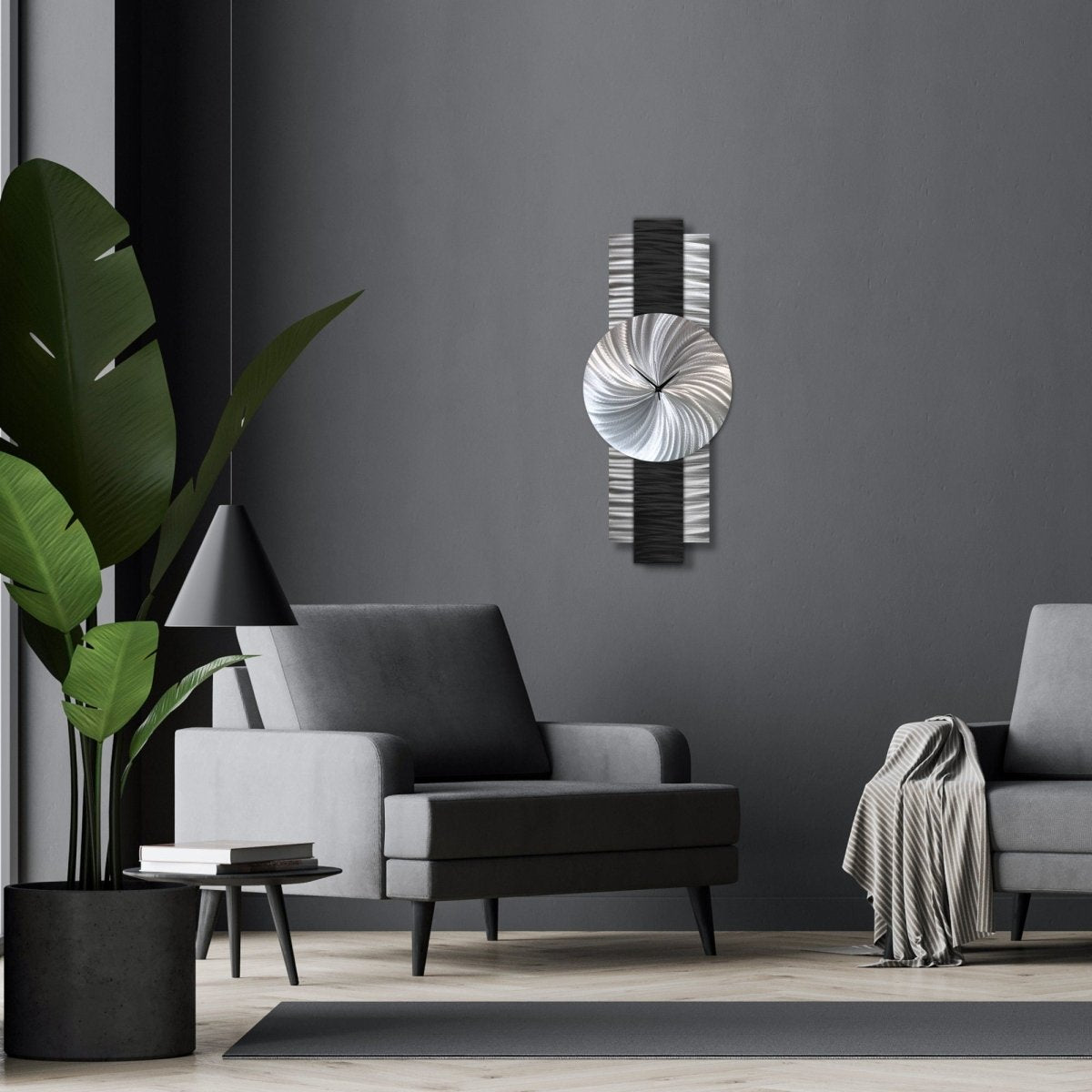 Large Modern Black & Silver Metal Wall Clock - Silent - Handmade - 12x32" - Modern Elements Metal Art - INV637283