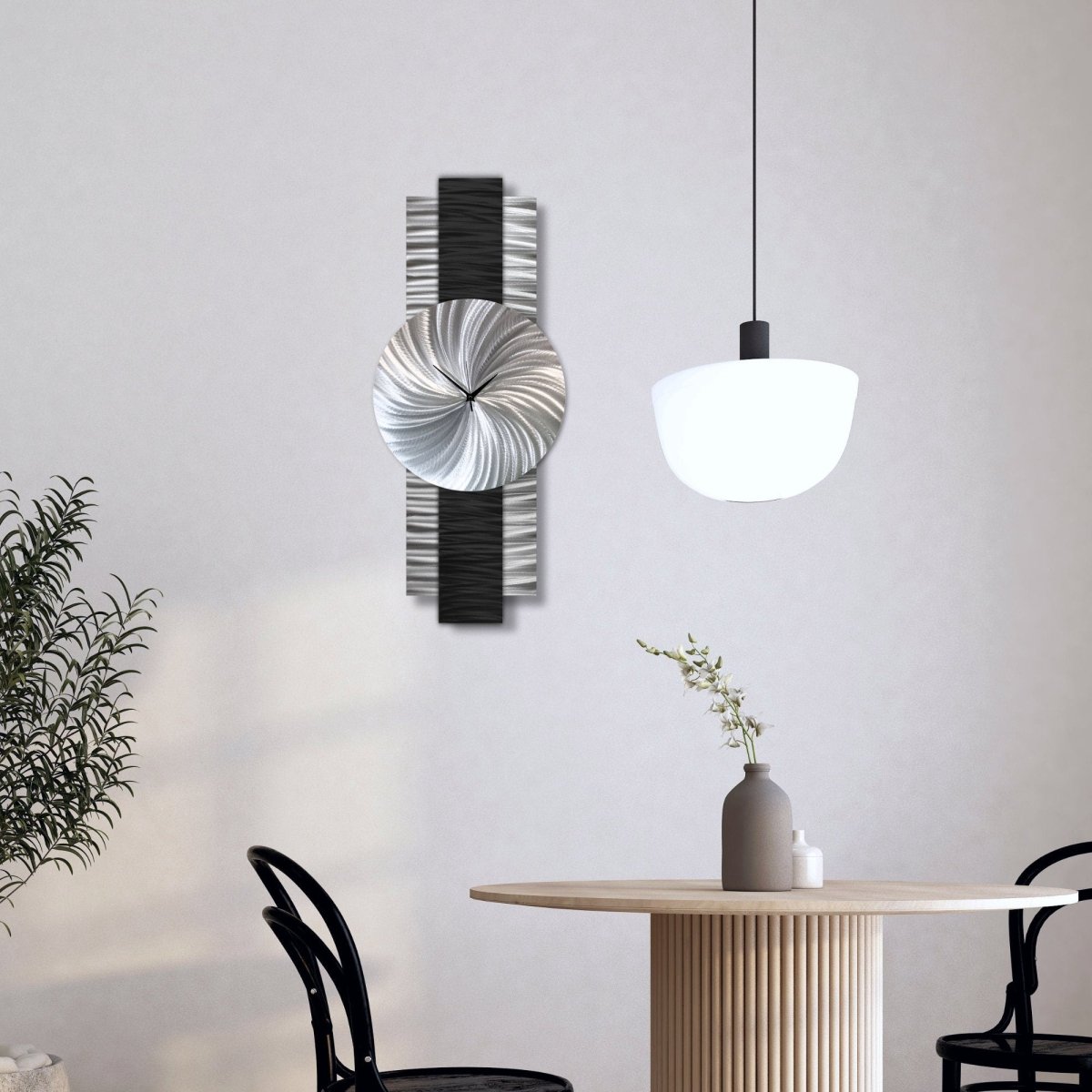 Large Modern Black & Silver Metal Wall Clock - Silent - Handmade - 12x32" - Modern Elements Metal Art - INV637283