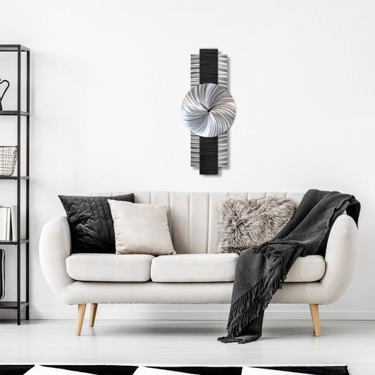 Large Modern Black & Silver Metal Wall Clock - Silent - Handmade - 12x32" - Modern Elements Metal Art - INV637283