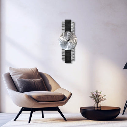 Large Modern Black & Silver Metal Wall Clock - Silent - Handmade - 12x32" - Modern Elements Metal Art - INV637283