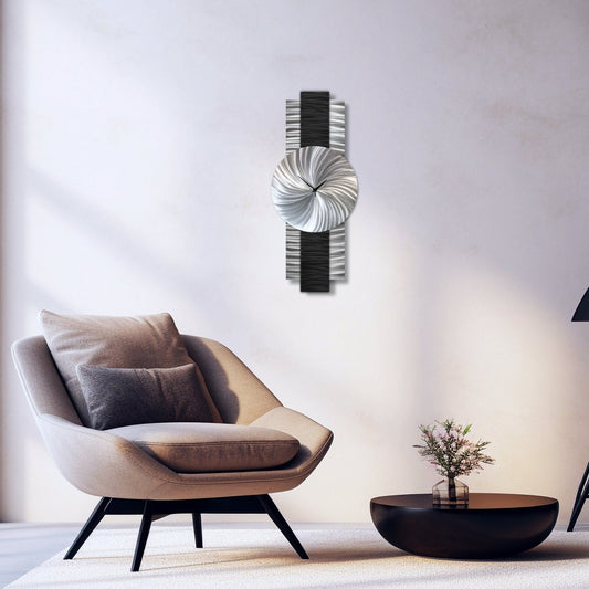 Large Modern Black & Silver Metal Wall Clock - Silent - Handmade - 12x32" - Modern Elements Metal Art - INV637283