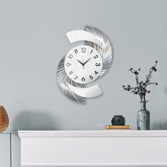 Large Modern Silver and White Wall Clock Titled Elliptical - Modern Elements Metal Art - INV36387272