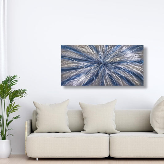 Large Navy Blue Wall Art Sculpture Metal Abstract Painting, Silver Navy Blue Decor - Modern Elements Metal Art - INV6373SX