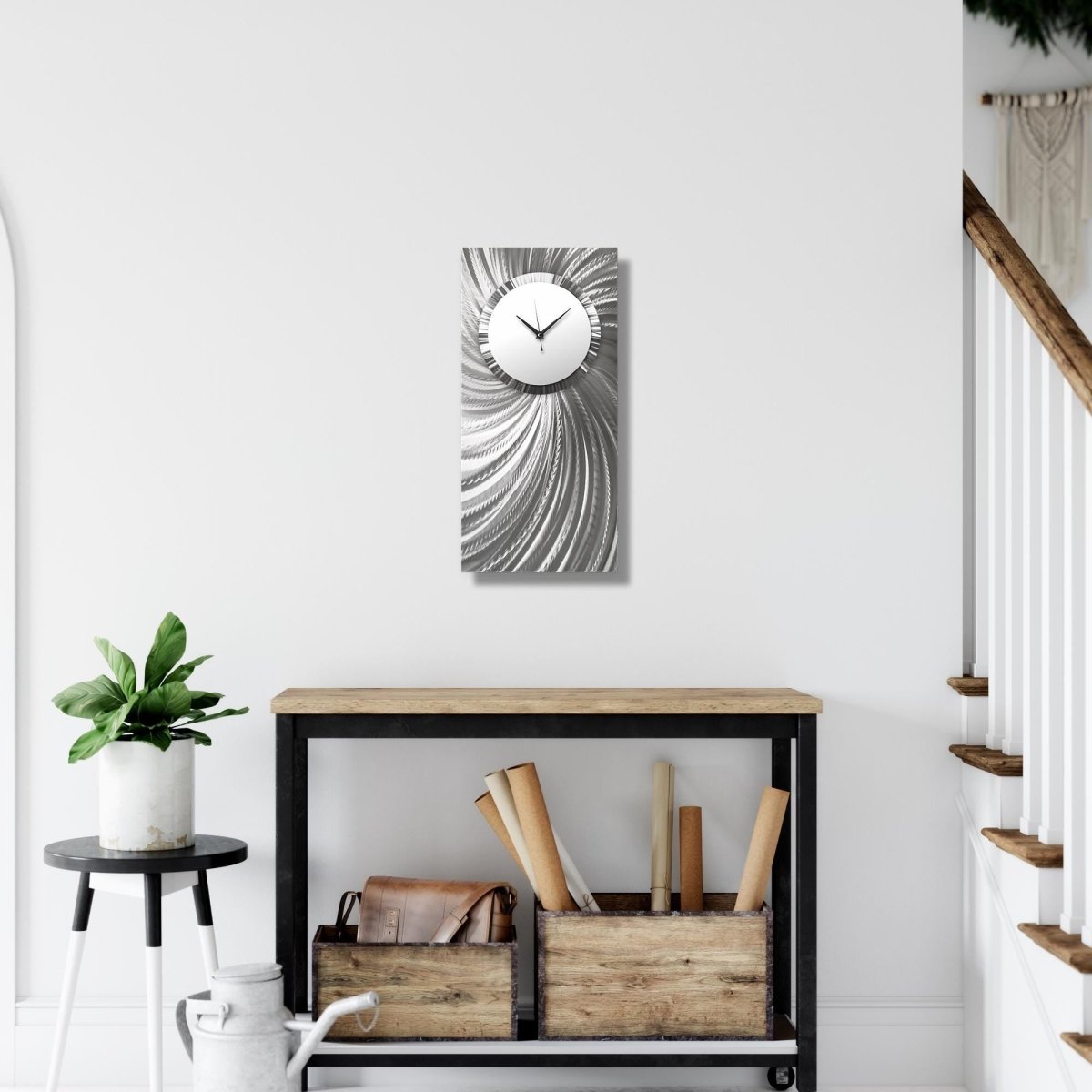 Large Silent White & Silver Wall Clock | Handmade Modern Aluminium Clock | Non - Ticking - Modern Elements Metal Art - ME0845260
