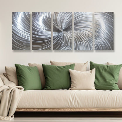 Large Silver Metal Wall Art – 5 - Piece Gallery Set – Modern Abstract Wall Panels - Modern Elements Metal Art - SKU379KHK