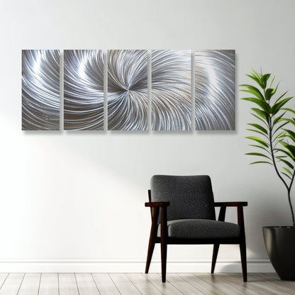 Large Silver Metal Wall Art – 5 - Piece Gallery Set – Modern Abstract Wall Panels - Modern Elements Metal Art - SKU379KHK
