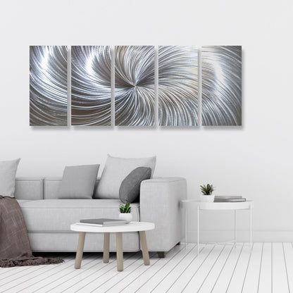 Large Silver Metal Wall Art – 5 - Piece Gallery Set – Modern Abstract Wall Panels - Modern Elements Metal Art - SKU379KHK