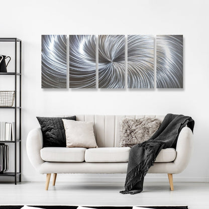 Large Silver Metal Wall Art – 5 - Piece Gallery Set – Modern Abstract Wall Panels - Modern Elements Metal Art - SKU379KHK