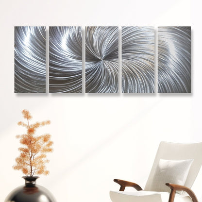Large Silver Metal Wall Art – 5 - Piece Gallery Set – Modern Abstract Wall Panels - Modern Elements Metal Art - SKU379KHK