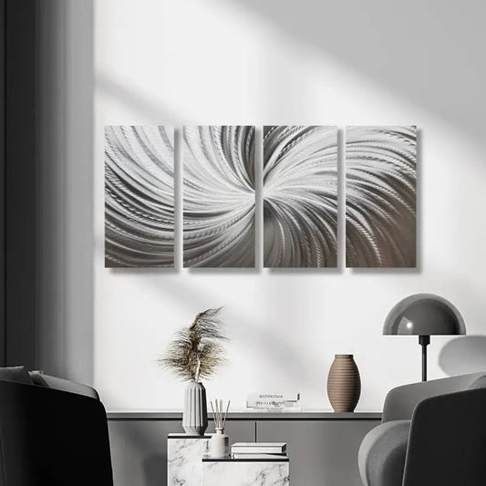 Large Silver Wall Art Titled "Silver Spiral" (Set of 4) - Modern Elements Metal Art - ME567H2