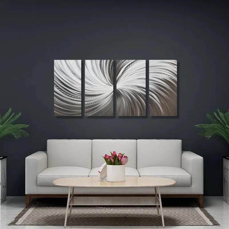 Large Silver Wall Art Titled "Silver Spiral" (Set of 4) - Modern Elements Metal Art - ME567H2