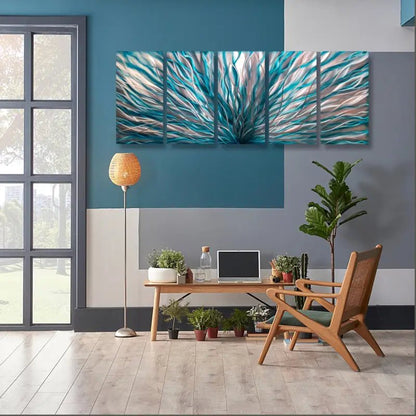 Large Teal Abstract Wall Art Set Titled "InBloom" - Modern Elements Metal Art - INV362880