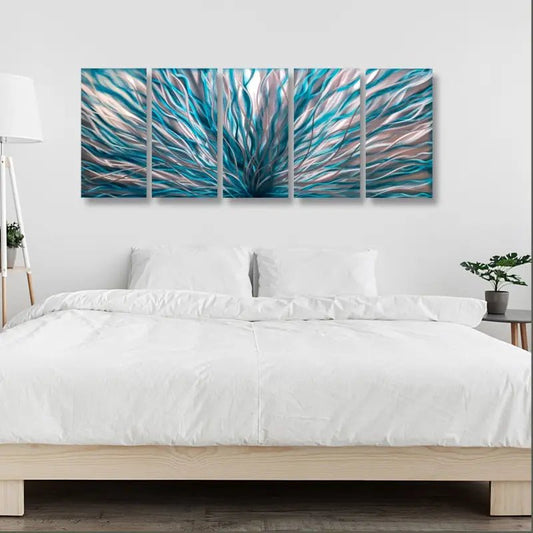 Large Teal Abstract Wall Art Set Titled "InBloom" - Modern Elements Metal Art - INV362880