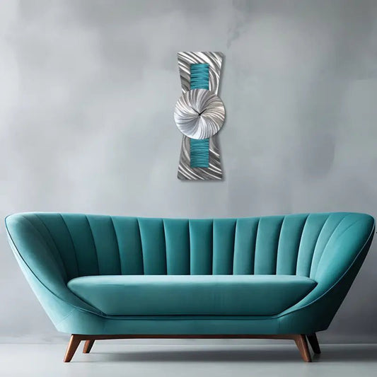 Large Teal Metal Wall Clock - Modern Silver Wall Sculpture for Unique Home Décor - Modern Elements Metal Art - ME7282828K