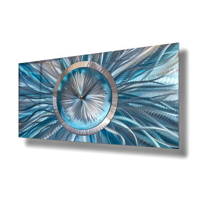 Large Turquoise Wall Clock Titled Radiative - Modern Elements Metal Art - 54462771