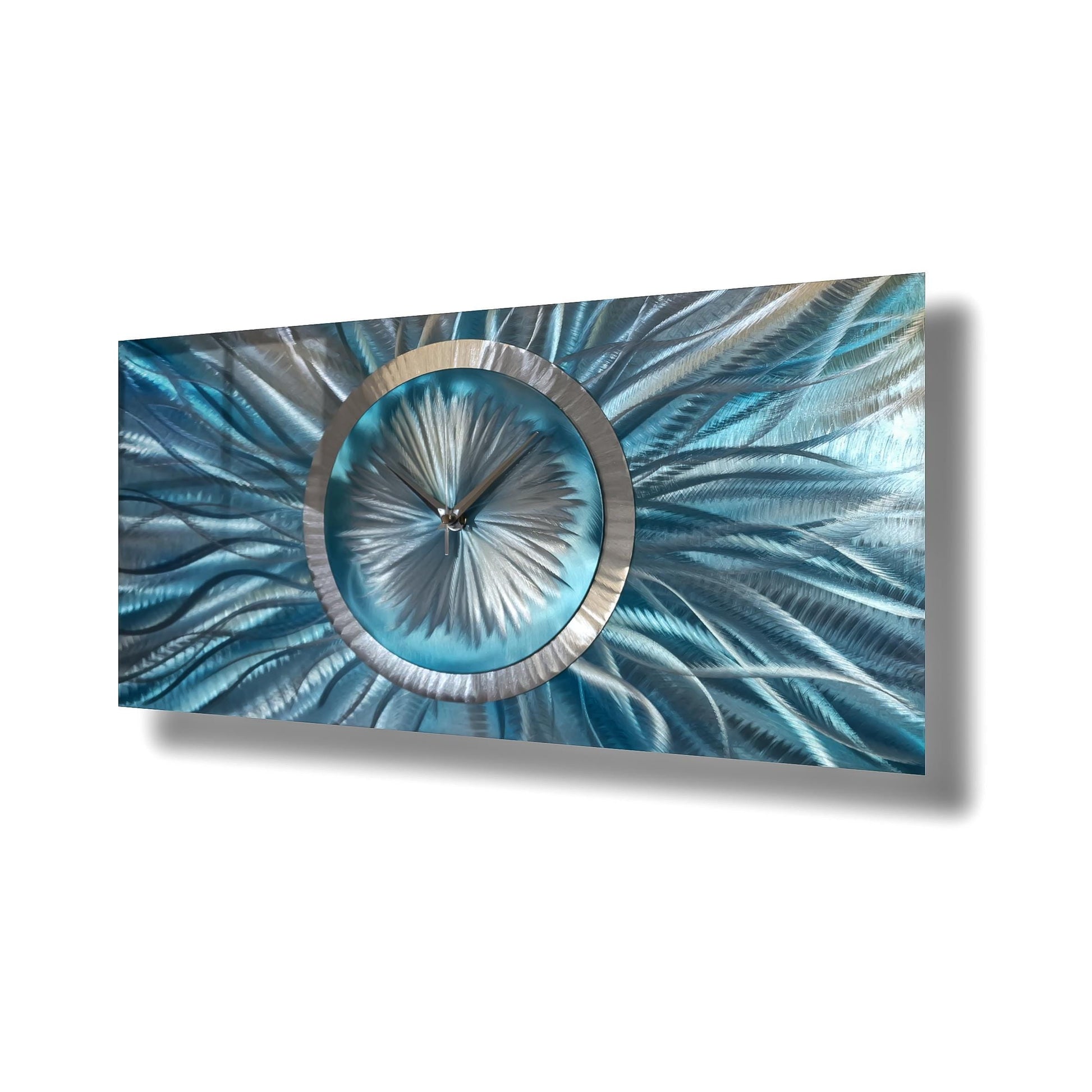 Large Turquoise Wall Clock Titled Radiative - Modern Elements Metal Art - 54462771