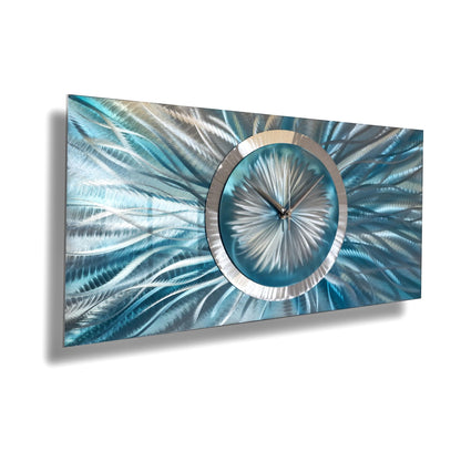 Large Turquoise Wall Clock Titled Radiative - Modern Elements Metal Art - 54462771