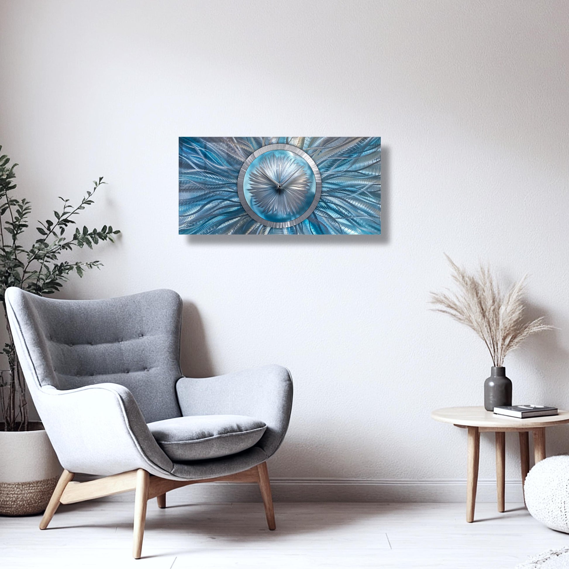Large Turquoise Wall Clock Titled Radiative - Modern Elements Metal Art - 54462771