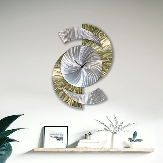 Metallic Olive Green & Silver Modern Metal Wall Clock Sculpture for Home Decor - Modern Elements Metal Art - INV5380283SX