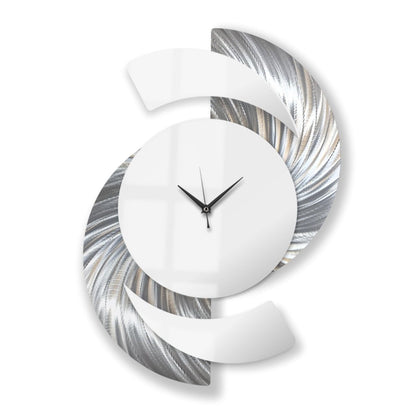 Minimalist Silver & White Wall Clock – Silent Metal Sculpture for Home & Living Room Decor - Modern Elements Metal Art - INV36387272