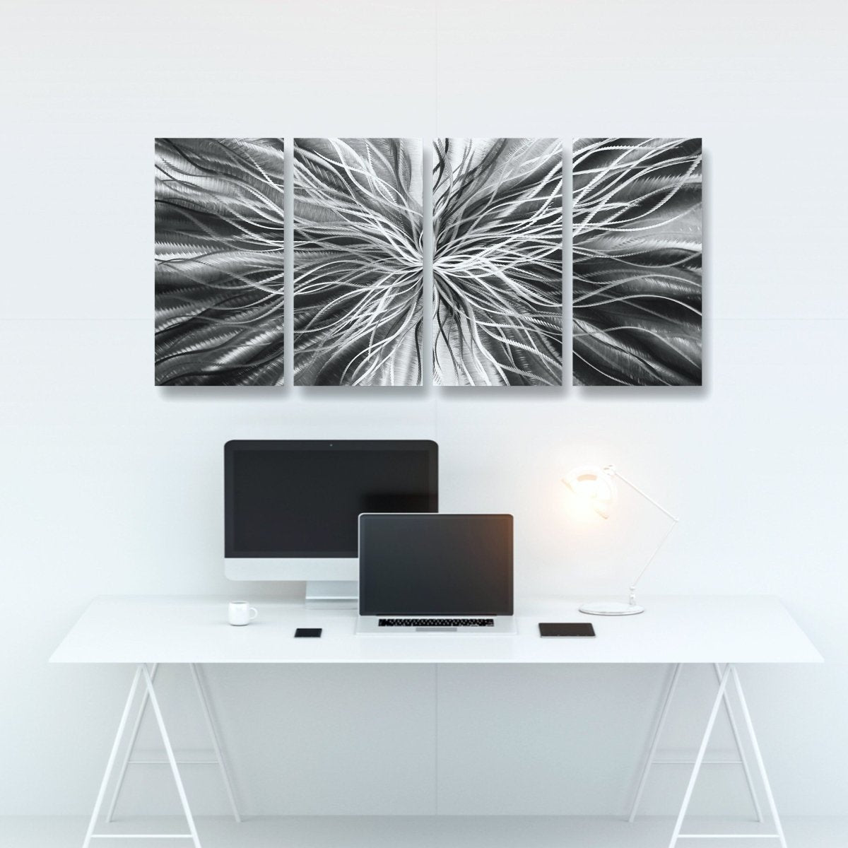 Modern Black & Silver Metal Wall Art Set of 4 - Abstract Large Sculpture for Gallery Decor - Modern Elements Metal Art - INV57990S