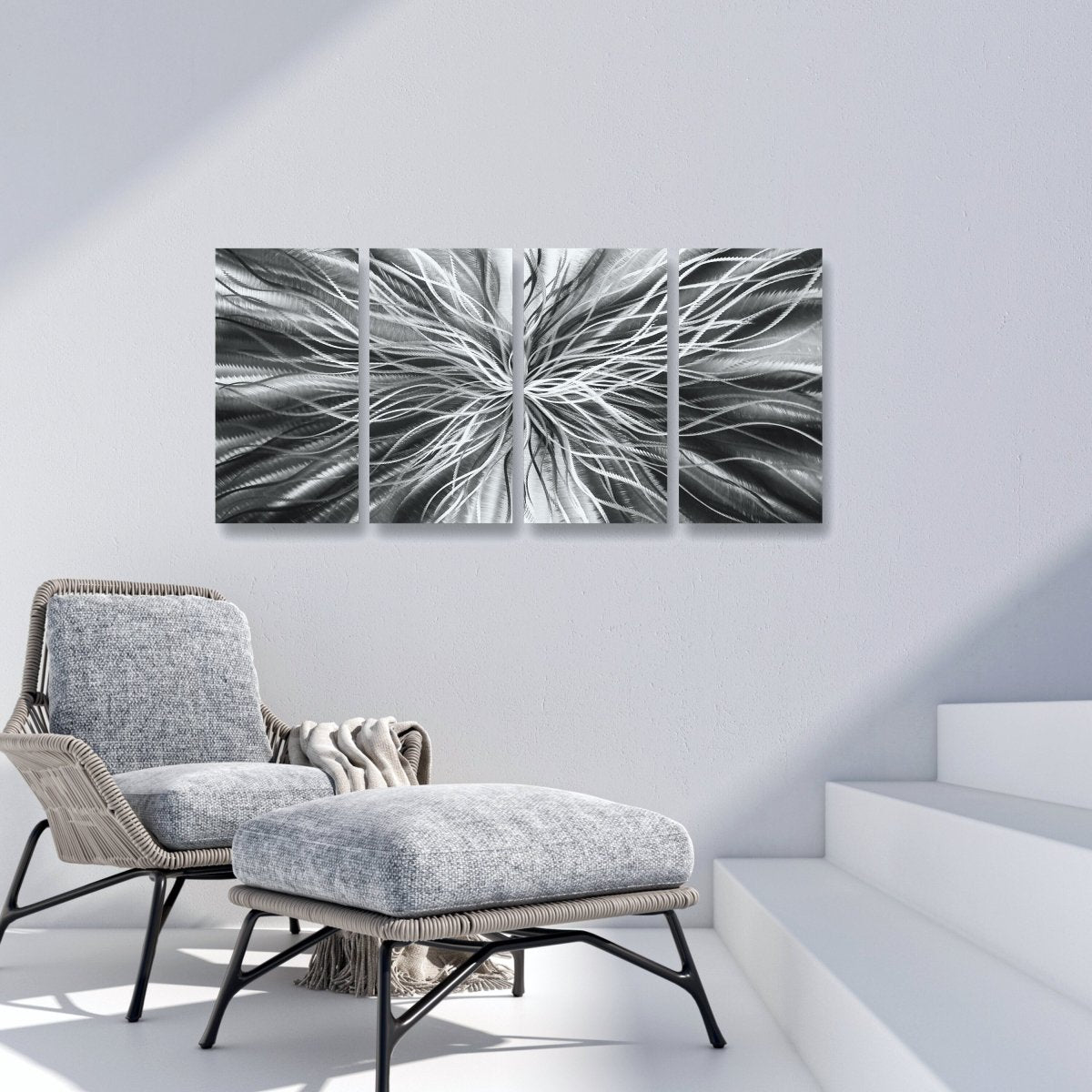 Modern Black & Silver Metal Wall Art Set of 4 - Abstract Large Sculpture for Gallery Decor - Modern Elements Metal Art - INV57990S
