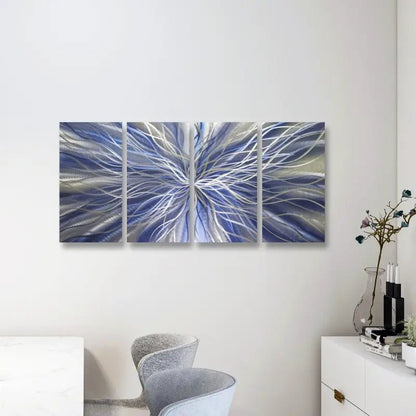 Navy Blue Abstract Metal Wall Art Set of 4 with Silver Accents for Modern Décor - Modern Elements Metal Art - I567886S