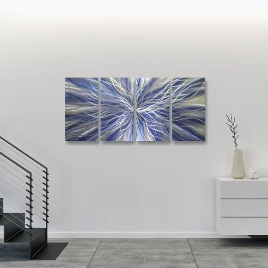Navy Blue Abstract Metal Wall Art Set of 4 with Silver Accents for Modern Décor - Modern Elements Metal Art - I567886S