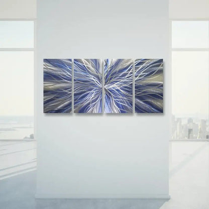 Navy Blue Abstract Metal Wall Art Set of 4 with Silver Accents for Modern Décor - Modern Elements Metal Art - I567886S
