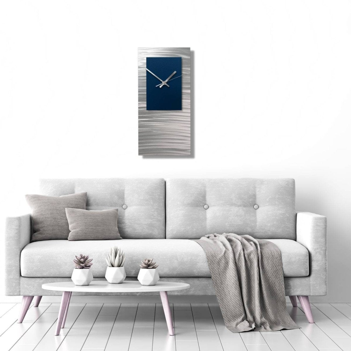 Navy Blue Large Wall Clock – Silver Modern Metal Art & Abstract Sculpture - Modern Elements Metal Art - ME836KS6