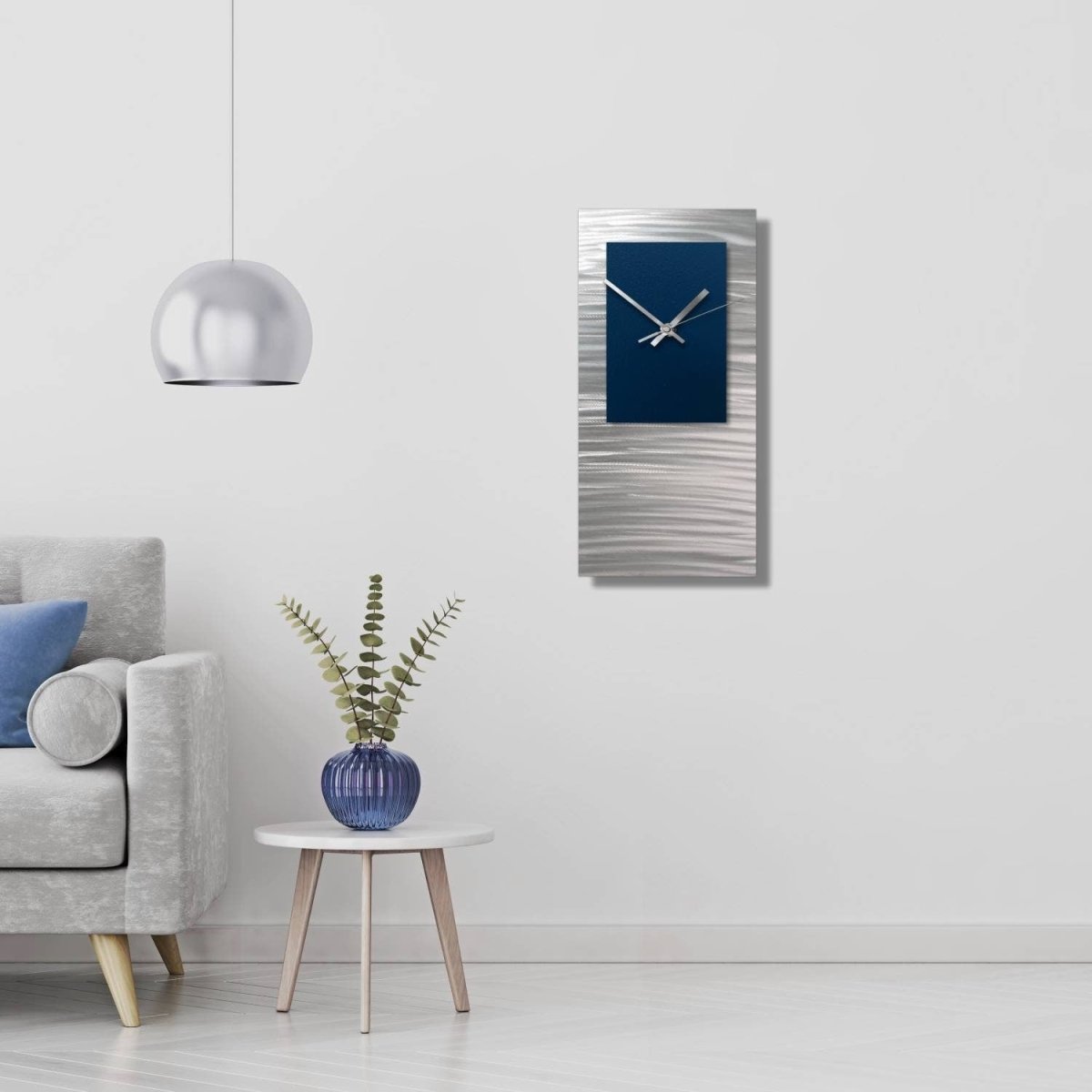 Navy Blue Large Wall Clock – Silver Modern Metal Art & Abstract Sculpture - Modern Elements Metal Art - ME836KS6