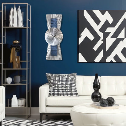 Navy Blue Large Wall Clock – Unusual Modern Silver Clock & Wall Sculpture - Modern Elements Metal Art - ME93828K