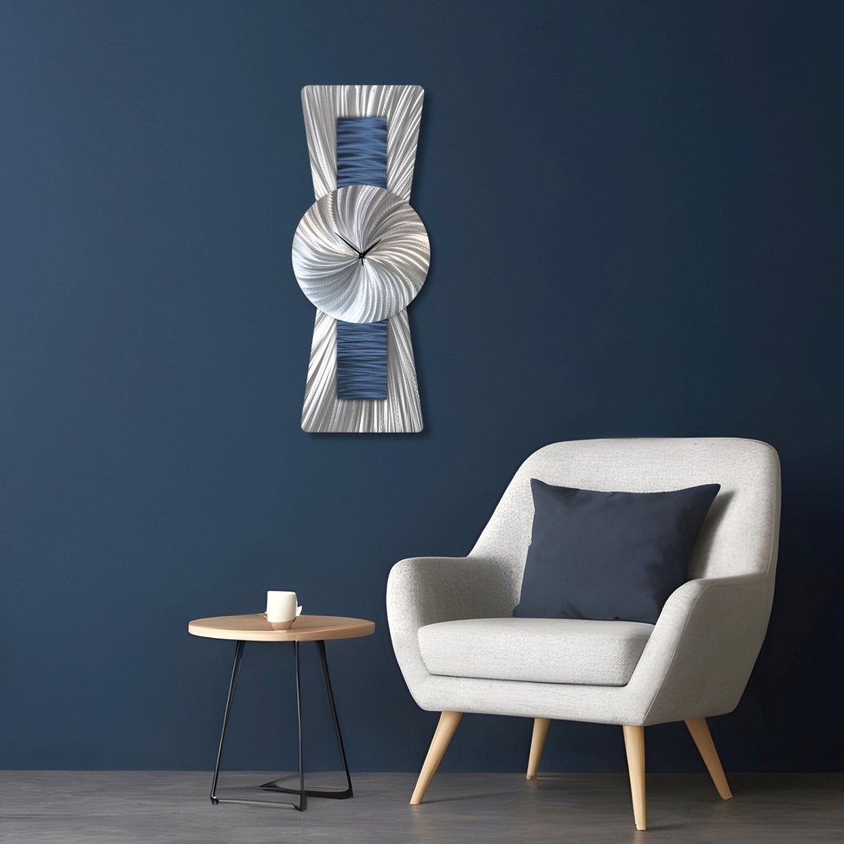 Navy Blue Large Wall Clock – Unusual Modern Silver Clock & Wall Sculpture - Modern Elements Metal Art - ME93828K