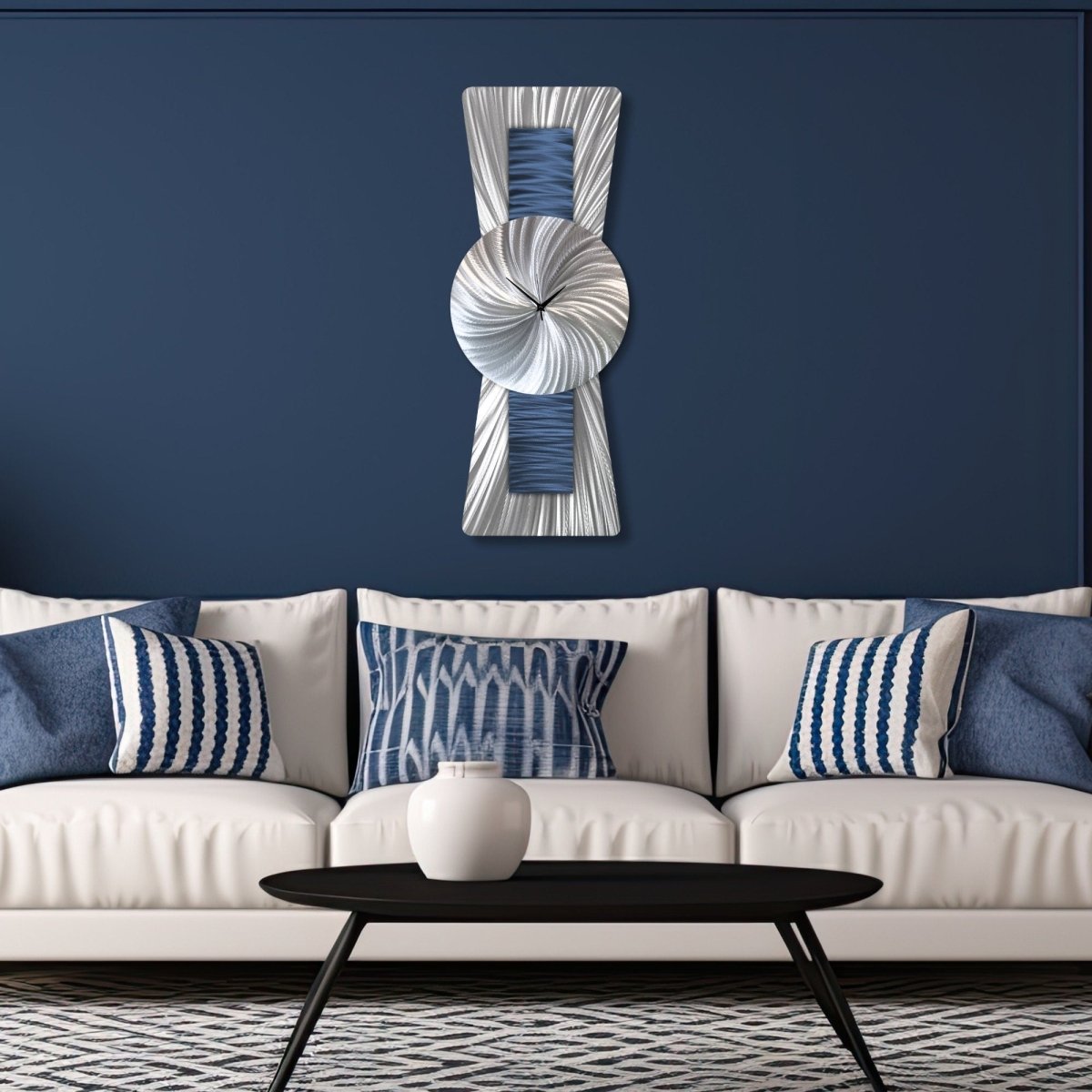 Navy Blue Large Wall Clock – Unusual Modern Silver Clock & Wall Sculpture - Modern Elements Metal Art - ME93828K