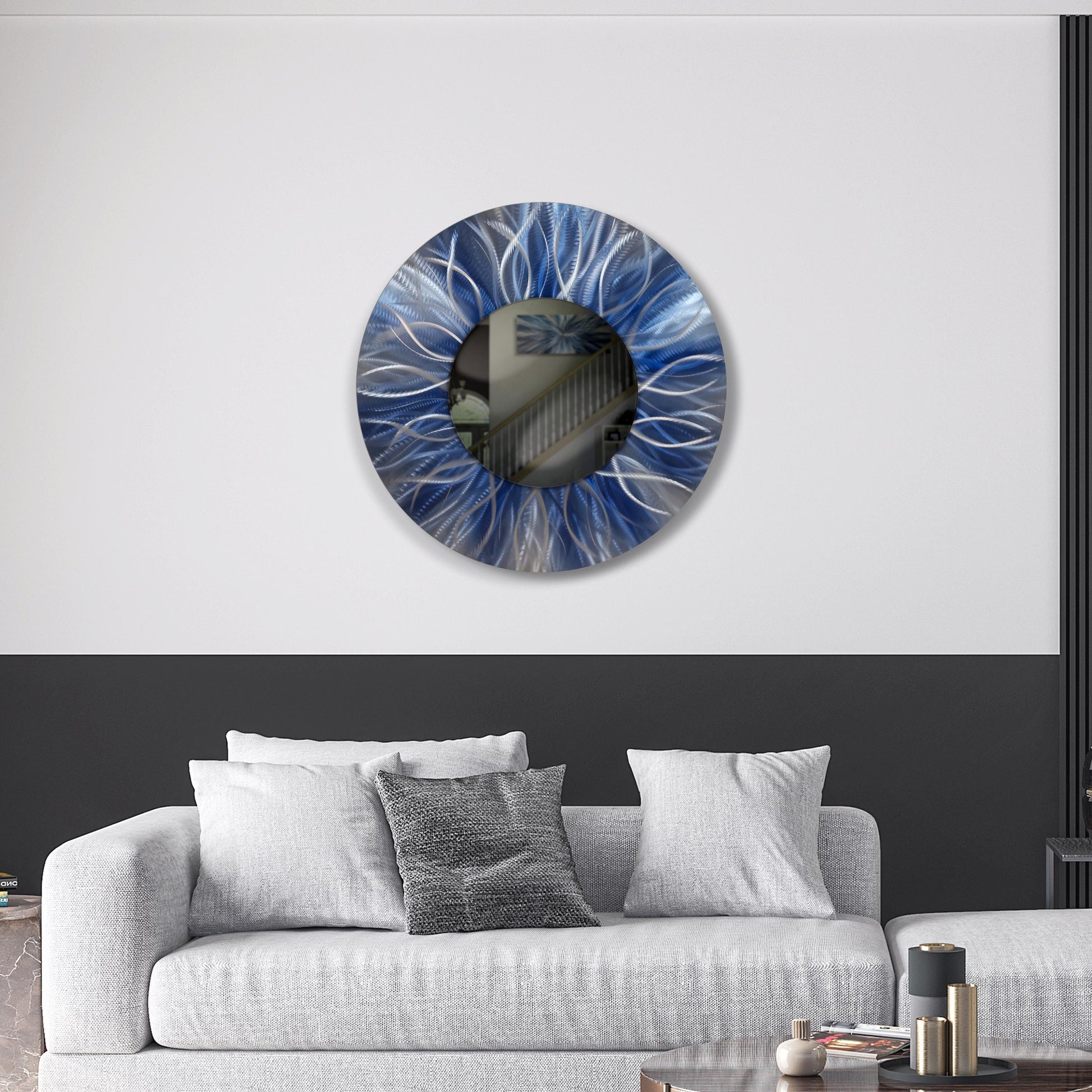 Navy Blue Metal Wall Mirror Titled Radiation - Modern Elements Metal Art - MJ85272728 - 1